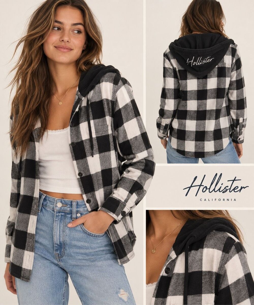 Hollister Women’s Black & White Buffalo Plaid Hooded Flannel Top Size Medium